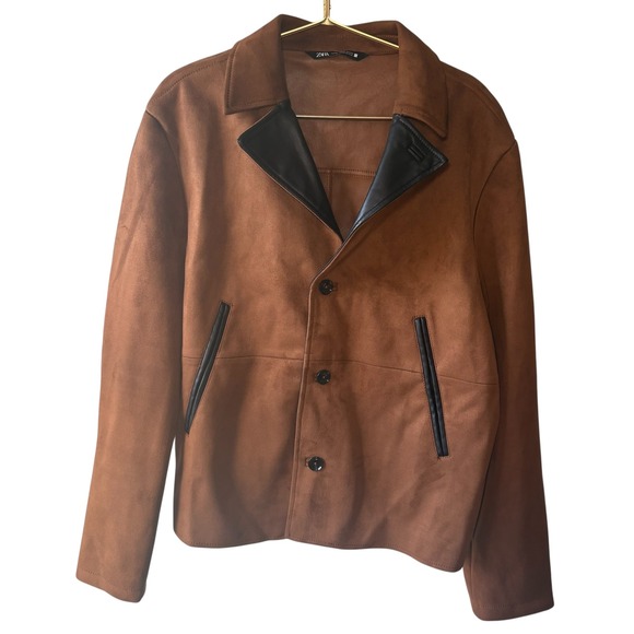 Zara Mens Jacket XL Brown Faux‎ Suede Black Trim Button Front Collared Coat - Picture 3 of 10